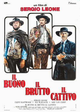Movie poster for 'Il Buono, Il Brutto, Il Cattivo' directed by Sergio Leone, featuring three main characters in cowboy attire.